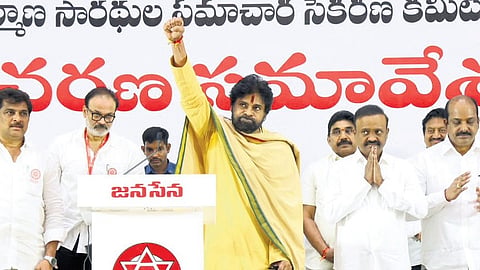Deputy CM and JSP chief Pawan Kalyan during the meeting with observers and committee members of the Nirmana Saradhi programme on Saturday.