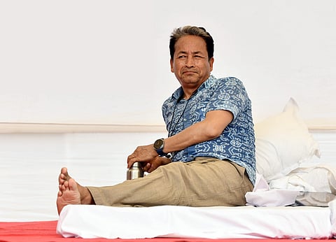 Environmentalist Sonam Wangchuk sits on a hunger strike during a protest by Cockroach Janata Party (CJP), at Jantar Mantar, in New Delhi on Sunday. 