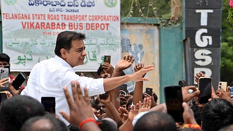 BRS working president KT Rama Rao arrives to take part in a meeting with party cadre at Vikarabad on Sunday.