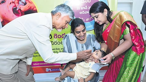 Chief Minister Nara Chandrababu Naidu administers Pulse Polio drops to a child at his camp office in Undavalli on Sunday.