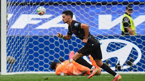 Canada's Stephen Eustaquio (7) celebrates scoring their opening goal against South Africa during the World Cup round of 32 soccer match in Inglewood, Calif., near Los Angeles, Sunday, June 28, 2026.