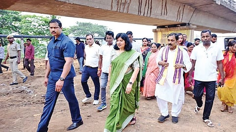 MP Aparajita Sarangi reviewing progress of the Palasuni bridge project on Sunday