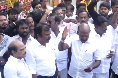 DMK Chennai Students wings hold a protest against TVK Human resource Minister Sarath for allegedly using drugs in cricket stadium during an IPL match in Chennai 2 years ago.