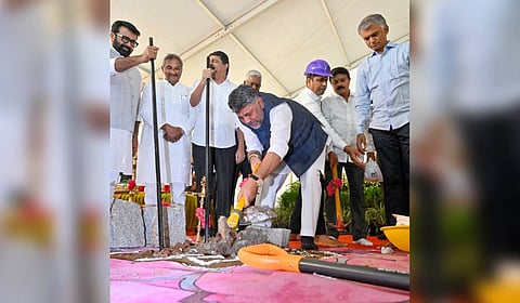 Chief Minister DK Shivakumar along with ministers KJ George, Byrathi Suresh, Krishna Byre Gowda and BDA Chairman NA Haris takes part in the ground-breaking ceremony for the Tunnel Road project in Bengaluru on Sunday.