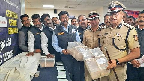 City Police Commissioner Seemanth Kumar Singh takes a look at the seized drugs worth Rs 2 crore in Bengaluru on Monday | Express