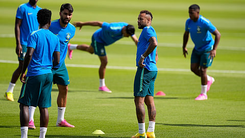 Brazil's Neymar, center right, during a training session in Houston, Sunday, June 28, 2026, ahead of their round of 32 FIFA World Cup soccer game against Japan.