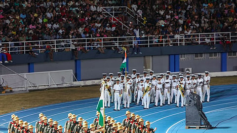 Contingents from the Assam Regiment and the Indian Navy taking part in the National Day celebrations of Seychelles