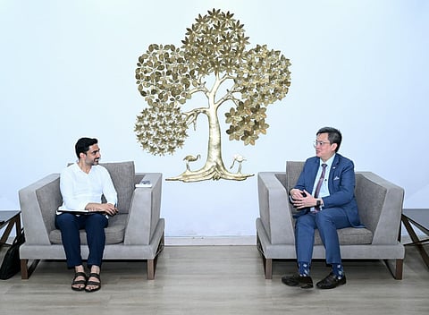 Minister for IT Nara Lokesh during meeting with Singapores Consul General in Chennai, Edgar Pang Teck Chye, at the Undavalli residence on Monday. 