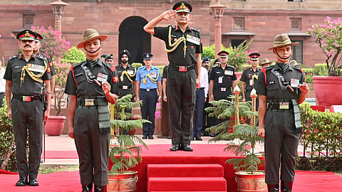 Outgoing Army Chief General Upendra Dwivedi was accorded a guard of honour as part of a ceremonial farewell held on the lawns of the South Block.