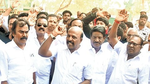 Ma Subramanian during the DMK protest in Chennai on Monday.