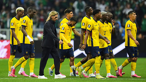 Ecuador players and Ecuador head coach Sebastian Beccacece, center, leave the pitch at half-time during the World Cup round of 32 soccer match between Mexico and Ecuador in Mexico City, Tuesday, June 30, 2026.