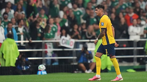 Ecuador's Piero Hincapie (3) leaves the pitch after receives a red card during the World Cup round of 32 soccer match between Mexico and Ecuador in Mexico City, Tuesday, June 30, 2026.