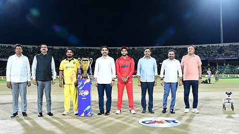 Minister for IT Nara Lokesh at the Mangalagiri cricket stadium during the APL final match On Tuesday.