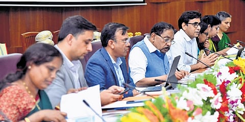 Deputy Chief Minister Dr G Parameshwara chairs a review meeting of the Revenue department at Suvarna Vidhana Soudha in Belagavi on Wednesday.
