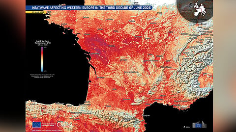 Data visualisation, based on data from Copernicus Sentinel-3 satellites acquired on 23 June 2026, of Land Surface Temperatures across France and northern Spain.