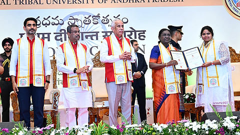 President Droupadi Murmu takes part in the first convocation of the Central Tribal University of Andhra Pradesh (CTUAP) in Visakhapatnam on Tuesday.