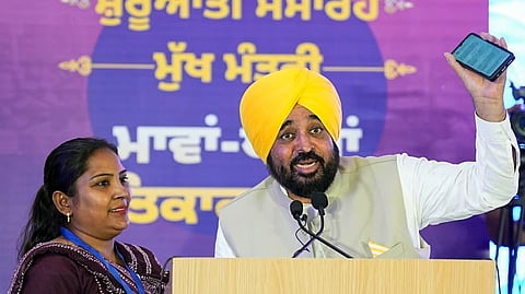 Punjab Chief Minister Bhagwant Mann during the launch of the 'Mawan Dhiyan Satkar Yojana' in Dhuri, in Sangrur, on Wednesday, July 1, 2026.