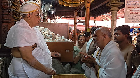 Belur MLA HK Suresh prays at the Sri Kshetra Dharmasthala Manjunatha Swamy Temple on Tuesday.