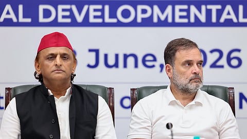 In this photo from June 8, 2026, Lok Sabha LoP Rahul Gandhi and Samajwadi Party chief Akhilesh Yadav attend the INDIA bloc meeting at the Constitution Club of India in New Delhi.