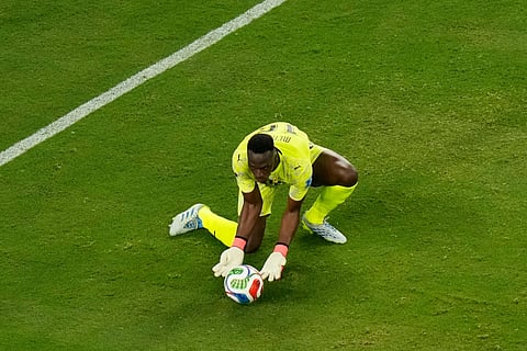 Senegal goalkeeper Édouard Mendy (16) catches a ball during the World Cup Group I soccer match against Norway in East Rutherford, N.J., near New York, Monday, June 22, 2026.