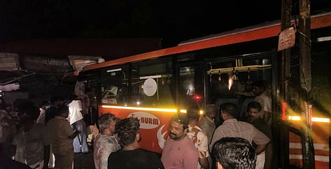 It is alleged that the driver swerved to avert a collision after an overspeeding car from the opposite direction veered towards the bus.