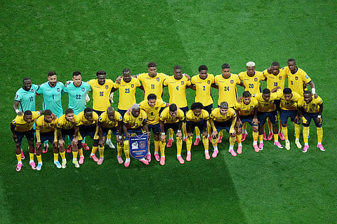 Ecuador players pose before the World Cup round of 32 soccer match against Mexico in Mexico City, Tuesday, June 30, 2026.