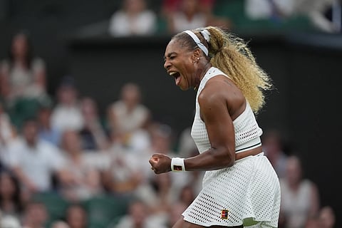 Serena Williams of the United States celebrates winning a point against Maya Joint of Australia in their first round women's singles match at the Wimbledon Tennis Championships in London, Tuesday, June 30, 2026.