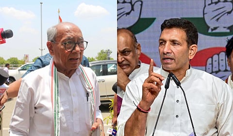 Congress leaders Digvijaya Singh (L) and Jit Patwai.