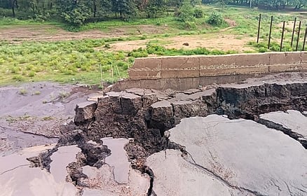 A 50-metre stretch of the retaining wall has collapsed near Bhuasuni Patha while another 30 metre of the wall is almost on the verge of caving in, as a result of which around 100 metre stretch of the road has been washed away. 