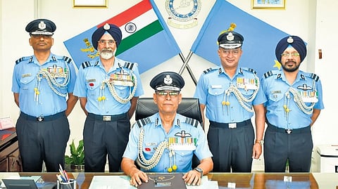 Air Marshal Jasvir Singh Mann with colleagues after assuming command as Air Officer Commanding-in-Chief on Wednesday.