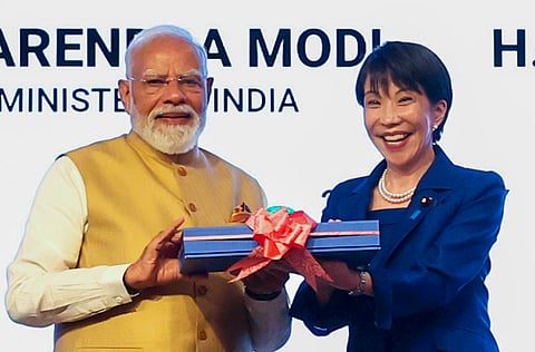 In this image received on July 2, 2026, Prime Minister Narendra Modi and Japanese Prime Minister Sanae Takaichi jointly press the button during the inauguration of an initiative at the India-Japan Business Forum, in New Delhi. 
