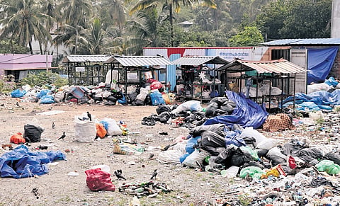 Garbage lies strewn outside the corporation’s material collection facility container on Vizhinjam Harbor Road in Thiruvananthapuram 