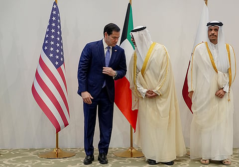 U.S. Secretary of State Marco Rubio, left, speaks with Kuwait's Foreign Minister Sheikh Jarrah Jaber Al-Ahmad Al-Sabah, center, next to Qatar's Prime Minister and Foreign Minister Sheikh Mohammed bin Abdulrahman Al Thani at a meeting with foreign ministers of the Gulf Cooperation Council member states in Manama, Bahrain Thursday, June 25, 2026.