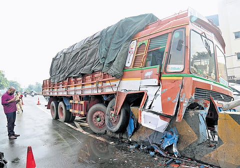 The lorry that crashed into the divider on Vyttila flyover on Thursday morning 