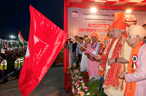 Jammu and Kashmir Lieutenant Governor Manoj Sinha flags off the first batch of Amarnath Yatra pilgrims from Bhagwati Nagar Yatri Niwas base camp, in Jammu, Jammu and Kashmir, Thursday, July 2, 2026.
