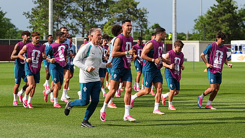 Portugal players work out during a training session on the eve of the team's World Cup soccer match against Croatia, Wednesday, July 1, 2026, in Toronto.