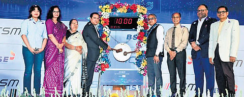 CSM Tech managing director & CEO Priyadarshi Pany ringing the listing gong on Thursday | Express