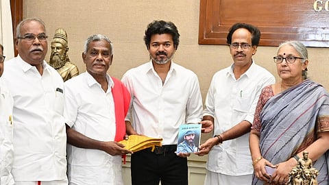 CPM state secretary P Shanmugham and CPI state secretary M Veerapandian with Chief Minister C Joseph Vijay.