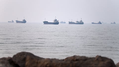 Commercial vessels are seen in the Strait of Hormuz off Bandar Abbas, Iran. 