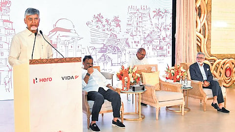 CM Nara Chandrababu Naidu addressing the gathering after laying the stone for Hero Motors GPC 2.0 at Madanapalem in Tirupati district on Wednesday.