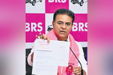 BRS working president KT Rama Rao addresses the media at Telangana Bhavan in Hyderabad on Wednesday