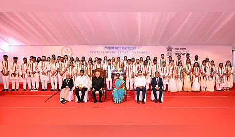 President Droupadi Murmu, AP Governor S Abdul Nazeer and Minister Nara Lokesh during the first convocation of CUAP in Anantapur.
