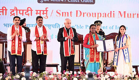 President Droupadi Murmu, Andhra Pradesh Governor S Abdul Nazeer and Minister for Education, IT and Electronics Nara Lokesh participate in the first convocation of the Central University of Andhrapradesh in Anantapur on Wednesday.