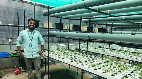 Gourish G Pillai at his farming automation project at Kerala Agricultural University Vellayani Campus.