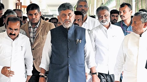 Chief Minister DK Shivakumar arrives to attend the cabinet meeting at Vidhana Soudha in Benglauru on Thursday.