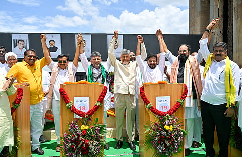 Chief Ministers of the three states-- Karnataka, Andhra Pradesh and Telangana, and Union Jal Shakti Minister C R Patil inaugurated the newly installed 33 spillway gates of the Tungabhadra Dam recently. 