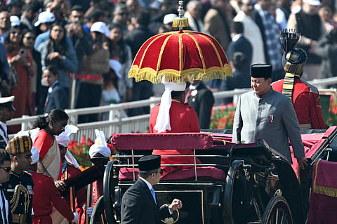 President Droupadi Murmu with guest of honour, Indonesian President Prabowo Subianto leave after attending India's 76th Republic Day parade in New Delhi on January 26, 2025