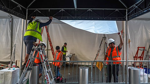 Workers set up a tent outside of Madison Square Garden ahead of a reported wedding between singer Taylor Swift and National Football League player Travis Kelce on Thursday, July 2, 2026, in New York.