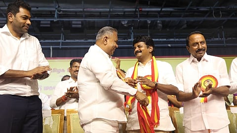 Ministers Aadav Arjuna, N Anand and KA Sengottaiyan with C Vijayabaskar during the event held in Mamallapuram on Thursday