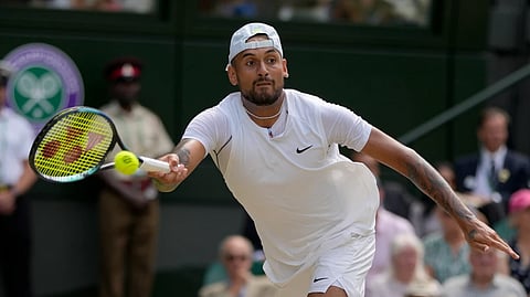 Australia’s Nick Kyrgios returns to Serbia’s Novak Djokovic in the final of the men’s singles during the Wimbledon tennis championships in London, July 10, 2022. 